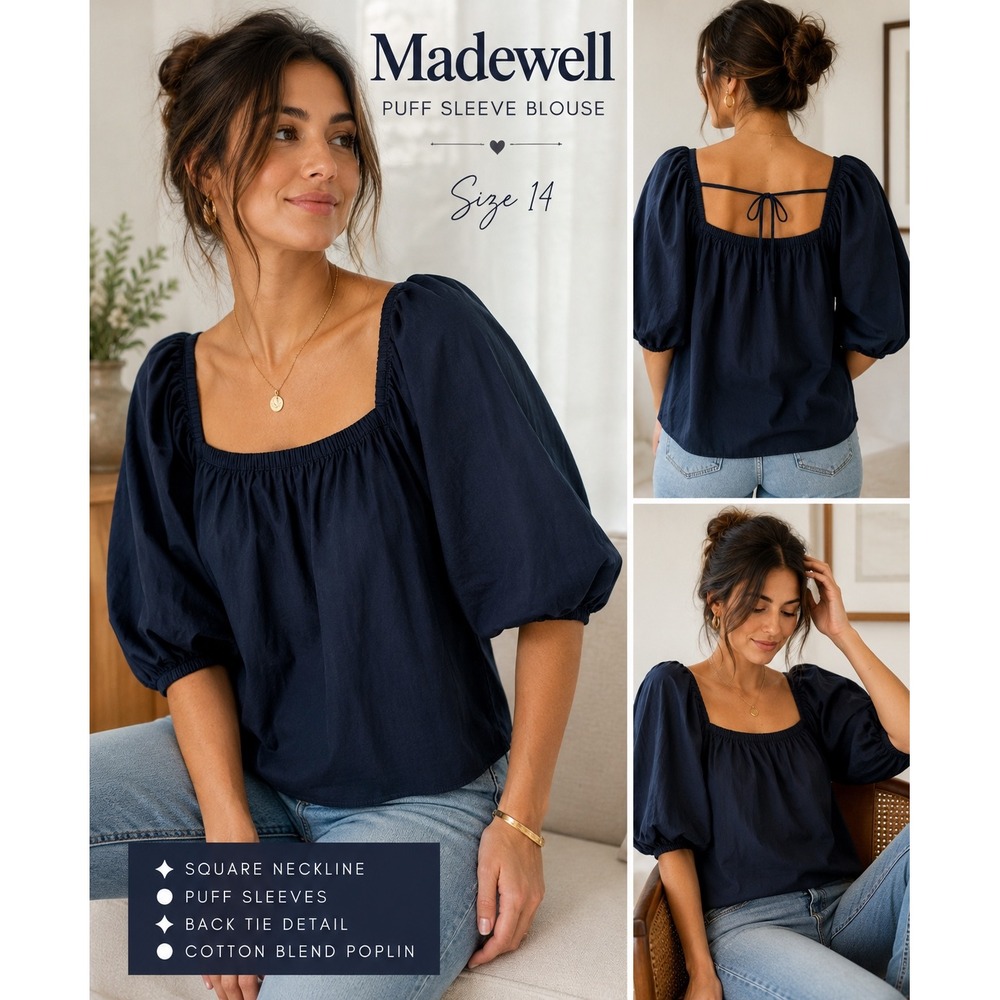 Madewell Navy Puff Sleeve‎ Square Neck Poplin Blouse Size 14